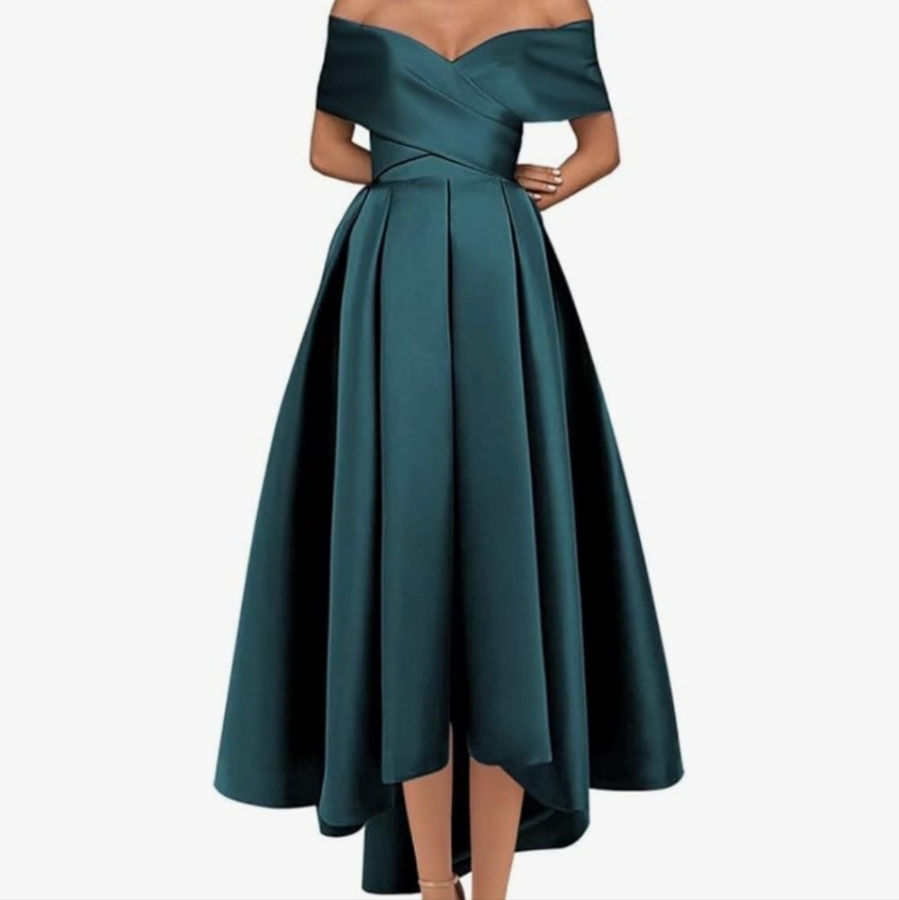 Brand New with Tags Teal Off the Shoulder Satin Tea Length High Low w/Pockets